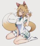  1girl animal_ear_fluff animal_ears arm_up bangs blonde_hair blush breasts eyebrows_visible_through_hair fox_ears fox_shadow_puppet fox_tail hair_between_eyes kudamaki_tsukasa kuroshirase looking_at_viewer medium_breasts open_mouth puffy_short_sleeves puffy_sleeves romper shiny shiny_skin short_hair short_sleeves simple_background sitting socks solo tail test_tube thighs touhou twitter_username white_background white_legwear yellow_eyes 