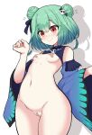  1girl bandaid bandaid_on_pussy bandaids_on_nipples blue_hair blush breasts commentary_request cowboy_shot detached_collar detached_sleeves double_bun flying_sweatdrops gradient_hair green_hair hair_ornament highres hololive matarou_(matarou072) multicolored_hair navel nude pasties skull_hair_ornament small_breasts smile solo sweat tearing_up uruha_rushia virtual_youtuber wide_hips 
