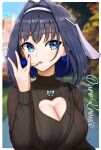  1girl :o absurdres bangs black_hair black_sweater blue_bow blue_eyes blue_nails blurry blurry_background blush border bow bow_earrings breasts cleavage cleavage_cutout clothing_cutout day depth_of_field earrings eyebrows_visible_through_hair finger_to_mouth hair_intakes hairband heart_cutout highres hololive hololive_english jewelry large_breasts long_sleeves looking_at_viewer matmaj nail_polish necklace open_mouth ouro_kronii outdoors outside_border short_hair solo sweater upper_body virtual_youtuber white_border white_hairband 