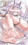  1girl aldehyde ass bangs barefoot blunt_bangs blush breasts cleavage dress_swimsuit erune feet foot_focus foreshortening granblue_fantasy green_eyes grin hair_ornament highres korwa large_breasts legs long_hair looking_at_viewer silver_hair smile soles solo spread_toes swimsuit toes white_swimsuit 