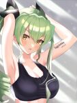  1girl anchovy_(girls_und_panzer) armpits arms_behind_head black_sports_bra blush breasts cleavage collarbone dated drill_hair eyebrows_visible_through_hair girls_und_panzer green_hair hair_ornament hair_ribbon happy_birthday highres large_breasts long_hair looking_at_viewer mamaa_(maeni6379) open_mouth orange_eyes ribbon shiny shiny_hair solo sports_bra twintails underwear upper_body 