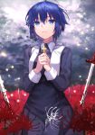  1girl bangs black_dress black_keys_(type-moon) blood blood_on_weapon blue_eyes blue_hair ciel_(tsukihime) closed_mouth cloud cloudy_sky commentary_request cross cross_necklace crying crying_with_eyes_open dress eyebrows_visible_through_hair field fingernails flower flower_field habit hair_between_eyes herigaru_(fvgyvr000) highres holding holding_cross jewelry latin_cross light_particles long_dress long_sleeves looking_away looking_up necklace nun own_hands_together planted planted_sword red_flower seiza short_hair sitting sky solo spider_lily sword tearing_up tears tsukihime tsukihime_(remake) weapon white_flower 