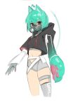  1girl absurdres ahoge animal_ears aqua_hair bangs black_eyes black_hoodie bright_pupils cat_ears cat_girl cat_tail cropped_hoodie cropped_legs drawstring eyebrows_visible_through_hair gas_mask girl_dm grey_legwear grey_shorts highres hood hood_down hoodie indie_virtual_youtuber looking_at_viewer makuu_hita mask midriff navel short_hair shorts simple_background single_thighhigh solo tail thighhighs white_background white_pupils 