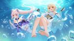  2girls :d artist_name bare_shoulders barefoot black_gloves blonde_hair blue_eyes breasts cleavage closed_mouth duplicate eyebrows_visible_through_hair feet fingerless_gloves flower fukuro_ko_(greentea) full_body genshin_impact gloves hair_flower hair_ornament highres legs long_hair looking_at_viewer lumine_(genshin_impact) medium_breasts multiple_girls open_mouth pixel-perfect_duplicate ponytail sangonomiya_kokomi signature smile soles thighhighs toes twitter_username underwater white_gloves white_hair white_legwear yellow_eyes 