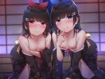  2girls :q all_fours bangs bare_shoulders black_hair black_kimono blue_eyes blue_ribbon breasts closed_mouth collarbone commentary_request eyebrows_visible_through_hair floral_print hair_ornament hair_ribbon hairclip highres japanese_clothes kimono long_hair long_sleeves looking_at_viewer multiple_girls nipples off_shoulder original print_kimono red_eyes red_ribbon ribbon ribbon-trimmed_legwear ribbon_trim sleeves_past_wrists small_breasts smile thighhighs tongue tongue_out toyosaki_shu very_long_hair white_legwear wide_sleeves 