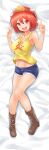  1girl 2ch_(/livejupiter/) :d absurdres animal_hat bangs bare_shoulders bed_sheet blue_shorts blush boots breasts brown_footwear dakimakura_(medium) double_w fang ferris_(2ch) full_body hair_between_eyes hat highres hikoukeiro looking_at_viewer lying medium_breasts navel on_back open_mouth red_eyes red_hair red_headwear short_hair short_shorts shorts smile solo tank_top w yellow_tank_top 