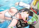  1girl bikini black_hair blue_hair boo_iro breasts fate/grand_order fate_(series) green_headwear headphones headphones_removed highres jacket long_sleeves md5_mismatch medium_breasts multicolored_hair navel pool red_hair sei_shounagon_(fate) sei_shounagon_(swimsuit_berserker)_(fate) smile streaked_hair swimsuit twintails visor_cap white_bikini white_jacket 