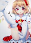  1girl adjusting_clothes adjusting_legwear ascot bangs blonde_hair bloom blush breasts collarbone commentary_request crystal eyebrows_visible_through_hair flandre_scarlet frilled_shirt_collar frills hair_between_eyes hair_ribbon looking_at_viewer no_hat no_headwear one_side_up open_mouth panties pantyshot petticoat puffy_short_sleeves puffy_sleeves red_eyes red_ribbon red_skirt red_vest ribbon short_hair short_sleeves sitting skirt small_breasts solo thighhighs tomo_takino touhou underwear vest white_legwear wings yellow_ascot 