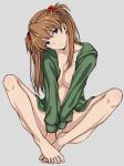  1girl barefoot blue_eyes breasts brown_hair closed_mouth cocq_taichou collarbone commentary evangelion:_3.0+1.0_thrice_upon_a_time full_body green_jacket grey_background indian_style jacket large_breasts legs long_hair long_sleeves neon_genesis_evangelion no_bra open_clothes open_jacket rebuild_of_evangelion simple_background sitting solo souryuu_asuka_langley toes 
