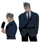  1boy ace_attorney belt black_pants blue_eyes closed_eyes damon_gant green_(grimy) grey_hair hat hat_removed headwear_removed highres male_focus multiple_views necktie one_eye_closed pants profile simple_background smile uniform white_background younger 