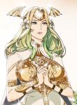  1girl bra breasts cape commentary expressionless fire_emblem fire_emblem:_three_houses flower green_eyes green_hair hair_flower hair_ornament lips long_hair medium_breasts own_hands_together praying r3dfive seiros_(fire_emblem) solo symbol-only_commentary underwear white_background white_flower 