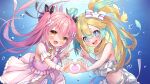  2girls :o absurdres amakawa_hano aqua_eyes aqua_hair bettle_(b_s_a_n) black_ribbon blonde_hair blue_background blush bow bubble dress hair_bow heart heart_hands heart_hands_duo highres himekuma_ribon long_hair midriff multicolored_hair multiple_girls navel outdoors pink_dress pink_hair re:act ribbon two-tone_hair underwater v virtual_youtuber 