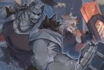  2boys animal_ears arknights black_tank_top brown_fur chain_necklace dog_boy dog_ears dog_tags furry furry_male highres hung_(arknights) koryuu_(gackter10) mountain_(arknights) multiple_boys shield tank_top tiger_boy tiger_ears tiger_stripes two-tone_fur white_fur 