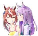  2girls ^_^ absurdres animal_ears blush brown_hair closed_eyes closed_mouth ear_ribbon facing_another grin highres horse_ears horse_girl horse_tail jtleeklm looking_at_another mejiro_mcqueen_(umamusume) multiple_girls open_mouth purple_hair shirt simple_background smile tail tokai_teio_(umamusume) umamusume white_background yellow_shirt 