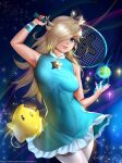  1girl aqua_dress aqua_eyes arm_up armpits artist_name ball bare_shoulders blonde_hair breasts closed_mouth commentary_request covered_navel crown dress earrings easonx fingernails frills gem hair_over_one_eye holding holding_racket jewelry lips long_hair looking_at_viewer luma_(mario) mario_(series) mario_tennis medium_breasts mini_crown nail_polish navel one_eye_covered patreon_username purple_nails racket reward_available rosalina signature skin_tight sky sleeveless sleeveless_dress smile solo space sparkle sportswear star_(sky) star_(symbol) starry_sky strapless strapless_dress super_mario_galaxy tennis_ball tennis_racket tennis_uniform watermark web_address wristband 
