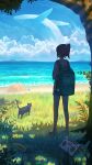  1girl absurdres backpack bag blue_sky cat cloud day flying_whale grass highres humpback_whale ocean original outdoors pasoputi scenery sky summer surreal whale 