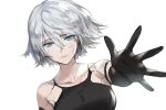  1girl android armlet black_gloves black_tank_top blue_eyes closed_mouth collarbone elbow_gloves eyebrows_visible_through_hair eyes_visible_through_hair gloves joints mole mole_under_mouth nier_(series) nier_automata robot_joints shaokao_range short_hair simple_background solo tank_top white_background white_hair yorha_type_a_no._2 