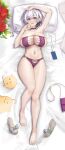  &gt;_&lt; 1girl :d absurdres armpits arms_up azur_lane bag bangs bare_shoulders barefoot bed_sheet bikini breasts chicken_leg choker cleavage collarbone commentary_request cross-laced_bikini cross-laced_clothes eyebrows_visible_through_hair flower from_above full_body grey_hair groin hair_between_eyes highres large_breasts long_hair looking_at_viewer low_ponytail lying manjuu_(azur_lane) mippei navel official_alternate_costume on_back open_mouth parted_bangs parted_hair partial_commentary pillow purple_bag purple_bikini purple_choker purple_eyes reno_(azur_lane) reno_(summer_spin-off)_(azur_lane) rose sidelocks skindentation smile solo stomach swimsuit teeth upper_teeth wedge_heels 