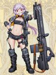  1girl ammunition_belt belt belt_pouch black_gloves black_tube_top boots breasts brown_background camouflage camouflage_shorts dairoku_ryouhei elbow_pads english_text fingerless_gloves full_body gloves grey_footwear grey_jacket gun hand_on_hip headset hetza_(hellshock) jacket knife long_hair looking_at_viewer machine_gun navel nose_art pink_hair pouch red_eyes shark_nose_art sheath sheathed short_shorts shorts sidelocks small_breasts smile solo standing teeth v weapon 