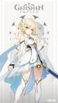  1girl bare_shoulders blonde_hair boots cape company_name contrapposto feet_out_of_frame flower genshin_impact hair_flower hair_ornament highres holding holding_sword holding_weapon left-handed lumine_(genshin_impact) official_art parted_lips shadow short_hair_with_long_locks solo standing sword weapon yellow_eyes 