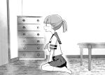  1girl chest_of_drawers commentary door empty_eyes from_side full_body greyscale monochrome no_shoes open_mouth original pleated_skirt ponytail sailor_collar school_uniform serafuku sitting skirt socks solo table tanaka_ahiru wariza 