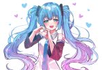  1girl :d bangs black_sleeves blue_eyes blue_hair blue_necktie blush collared_shirt commentary detached_sleeves eyebrows_visible_through_hair floating_hair gradient_hair hair_between_eyes hair_ornament hatsune_miku heart heart_hands long_hair long_sleeves looking_at_viewer multicolored_hair necktie open_mouth pink_hair shiny shiny_hair shirt sleeveless sleeveless_shirt smile solo taru_7252 twintails upper_body very_long_hair vocaloid white_background white_shirt wing_collar 