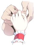  1boy 1girl asutora fingernails hand_focus hands head_out_of_frame holding_hands jewelry out_of_frame remilia_scarlet ring simple_background touhou wedding_band white_background wrist_cuffs 