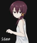  1girl asymmetrical_hair brown_eyes brown_hair closed_mouth commentary dress english_text engrish_text hair_ornament hairclip highres iwakura_lain looking_at_viewer ranguage rnond serial_experiments_lain short_hair simple_background sleeveless solo white_dress x_hair_ornament 