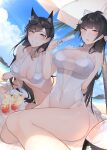  2girls absurdres animal_ears atago_(azur_lane) atago_(summer_march)_(azur_lane) azur_lane beach beach_umbrella bikini black_hair blue_sky breasts brown_eyes casual_one-piece_swimsuit chichikoucha cleavage cloud commentary_request day dog_ears drink dutch_angle extra_ears eyewear_on_head feet_out_of_frame fisheye highres large_breasts long_hair multiple_girls official_alternate_costume one-piece_swimsuit outdoors sky sunglasses swimsuit takao_(azur_lane) takao_(beach_rhapsody)_(azur_lane) umbrella water white_bikini white_umbrella 