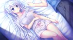  1boy 1girl bangs bed_sheet black_pants blue_eyes blue_shirt closed_mouth collarbone eyebrows_visible_through_hair from_above game_cg hair_between_eyes hair_ribbon lilium_(lilium_wedding_plan) lilium_wedding_plan long_hair lying off-shoulder_shirt off_shoulder official_art on_back on_side pants pink_ribbon ribbon sesena_yau shirt short_shorts short_sleeves shorts silver_hair smile solo_focus striped striped_shorts thigh_gap vertical-striped_shorts vertical_stripes very_long_hair white_shirt white_shorts 