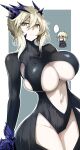  2girls artoria_pendragon_(fate) artoria_pendragon_(lancer_alter)_(fate) black_bodysuit blonde_hair bodysuit braid breasts center_opening chibi fate/grand_order fate/stay_night fate_(series) french_braid gin_moku hair_between_eyes highres horns large_breasts long_hair looking_at_viewer multiple_girls navel revealing_clothes ribbed_bodysuit sidelocks thighs underboob yellow_eyes 