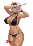  1girl absurdres animal_ears armpits arms_up bangs bikini black_bikini black_hairband blue_eyes blush body_markings breasts caenis_(fate) caenis_(swimsuit_rider)_(fate) closed_mouth collarbone covered_nipples cowboy_shot dark-skinned_female dark_skin eyebrows_visible_through_hair eyewear_on_head fate/grand_order fate_(series) hair_intakes hairband highres large_breasts looking_to_the_side navel red_wristband short_hair simple_background smile solo sunglasses swimsuit thighs torahime_(roland00) white_hair wristband 