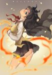  1girl air_(air_end) ass black_hair black_ribbon black_skirt blue_eyes blush breasts character_name cropped_legs embers fate/stay_night fate_(series) fire from_side grey_background hair_ribbon homurahara_academy_uniform long_hair long_sleeves looking_at_viewer medium_breasts neck_ribbon november ribbon shirt skirt solo tohsaka_rin two_side_up vest weapon white_shirt wind wind_lift yellow_vest 