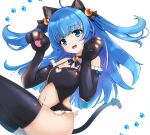  1girl :o animal_ears animal_hands bell black_legwear black_leotard black_ribbon black_tail blue_eyes blue_hair cat_ears cat_tail clothing_cutout eari elbow_gloves frilled_leotard frills gloves hair_bell hair_ornament hair_ribbon highres jingle_bell king&#039;s_raid leotard lilia_(king&#039;s_raid) long_hair looking_at_viewer navel navel_cutout open_mouth paw_gloves paw_pose paw_print ribbon shiny shiny_skin simple_background solo tail thighhighs two_side_up white_background 