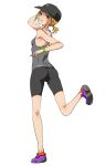  1girl ass baseball_cap bike_shorts blonde_hair blue_eyes breasts fujisawa_takashi full_body grin hat highres jogging looking_back original ponytail small_breasts smile solo tank_top white_background 