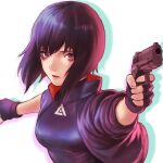  1girl black_gloves breasts fingerless_gloves ghost_in_the_shell ghost_in_the_shell:_sac_2045 gloves gun high_collar highres holding holding_gun holding_weapon hotateyuki kusanagi_motoko looking_at_viewer open_mouth purple_hair short_hair simple_background solo weapon white_background 