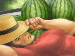  1boy adjusting_clothes adjusting_headwear bara beard black_hair covered_nipples facial_hair food from_side fruit golden_kamuy hat large_pectorals long_sideburns looking_at_viewer male_focus mature_male muscular muscular_male nopinzo on_bed pectorals red_shirt scar scar_on_cheek scar_on_face shirt short_hair sideburns solo straw_hat tanigaki_genjirou tight tight_shirt upper_body watermelon 