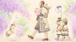  2girls 4boys baby_carry bandaged_leg bandages beard black_hair blue_pants buzz_cut carrying character_request child cikapasi enonoka facial_hair floral_background flower flower_request from_side gaiters golden_kamuy lilac long_sideburns mature_male military military_uniform multiple_boys multiple_girls nopinzo pansy pants purple_flower short_hair sideburns smile tanigaki_genjirou uniform very_short_hair walking 