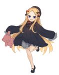  1girl :d abigail_williams_(fate) black_bow black_dress black_footwear black_headwear blonde_hair bloomers blue_eyes bow commentary_request dress fate/grand_order fate_(series) forehead full_body grey_bloomers hair_bow hat holding holding_stuffed_toy long_hair long_sleeves looking_at_viewer miya_(miyaruta) multiple_bows multiple_hair_bows open_mouth orange_bow shoes simple_background sketch sleeves_past_fingers sleeves_past_wrists smile solo standing standing_on_one_leg stuffed_animal stuffed_toy teddy_bear teeth underwear upper_teeth very_long_hair white_background 