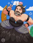  1boy armlet beard black_dress black_hair blue_sky bowsette bowsette_(cosplay) bracelet chest_hair cloud collarbone commentary cosplay cottonwoodler crossdressing crown day dress english_commentary facial_hair fingernails hand_on_hip hand_up highres horns jack_black jewelry looking_at_viewer male_focus mario_(series) mustache new_super_mario_bros._u_deluxe outdoors real_life short_hair sky solo spiked_armlet spiked_bracelet spikes star_(symbol) strapless strapless_dress super_crown super_mario_bros._(2022_film) v 