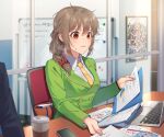  1girl braid brown_hair business_suit cellphone chair closed_mouth collared_shirt commentary computer formal green_suit hair_ornament hair_over_shoulder hair_scrunchie holding holding_paper idolmaster idolmaster_cinderella_girls indoors kamille_(vcx68) laptop long_sleeves necktie orange_eyes paper phone red_scrunchie scrunchie senkawa_chihiro shirt single_braid sitting smartphone solo_focus suit sweat white_shirt whiteboard yellow_necktie 