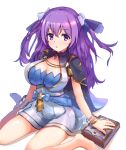  1girl :o aiguillette bare_arms bare_legs barefoot black_cape blue_bow book bow bracelet breasts cape cleavage eari full_body hair_bow jewelry king&#039;s_raid large_breasts long_hair looking_at_viewer ophelia_(king&#039;s_raid) purple_eyes purple_hair shiny shiny_hair shiny_skin simple_background sitting skirt solo two_side_up waist_bow wariza white_background white_bow white_skirt 