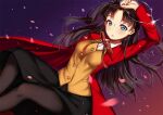  1girl arm_on_head black_skirt blue_eyes blush breasts brown_hair cherry_blossoms dutch_angle fate/stay_night fate_(series) gem holding holding_jewelry holding_necklace homurahara_academy_uniform jacket jewelry long_coat looking_at_viewer medium_breasts neck_ribbon necklace pantyhose parted_lips petals purple_background red_jacket ribbon shirt skirt solo sunege_(hp0715) tohsaka_rin vest white_shirt yellow_vest 