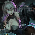  1girl aiming animal_ears black_bow black_bowtie black_gloves black_leotard blue_eyes blurry blurry_foreground bow bowtie braid breasts cartridge cleavage copyright_name dairoku_ryouhei detached_collar fake_animal_ears gloves grey_hair gun hetza_(hellshock) holding holding_weapon jewelry key large_breasts leotard long_hair necklace pantyhose parted_lips playboy_bunny pointy_ears rabbit_ears revolver shell_casing single_braid smile smoke smoking_gun solo strapless strapless_leotard upper_body very_long_hair weapon 