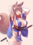  1girl animal_ears armpits arms_up bangs beige_background blue_kimono blue_sleeves breasts brown_eyes brown_hair closed_mouth clothing_cutout commentary_request cowboy_shot detached_sleeves elbow_gloves fox_ears fox_girl fox_tail gloves hair_tie_in_mouth hands_in_hair japanese_clothes katana kimono large_breasts looking_at_viewer medium_hair mouth_hold multi-strapped_panties navel navel_cutout obi original panties pelvic_curtain ponytail red_scarf sash sawaya_(mizukazu) scarf sheath sheathed side-tie_panties simple_background smile solo standing sword tail thighhighs underwear weapon white_gloves white_legwear white_panties 