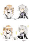  2girls :3 absurdres bell blush brown_eyes brown_hair call_bell candy food girls&#039;_frontline grey_hair highres lollipop multiple_girls myon2 scar scar_across_eye siblings side_ponytail sisters speech_bubble surprised translation_request twintails ump45_(girls&#039;_frontline) ump9_(girls&#039;_frontline) yellow_eyes younger 