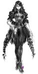  1girl bangs bayonetta bayonetta_(series) bayonetta_3 braid david_liu dress english_commentary glasses gloves greyscale hand_on_hip highres long_hair looking_at_viewer mole mole_under_mouth monochrome sketch smile solo twin_braids very_long_hair victorian walking white_background 