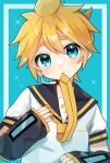  1boy akikan_sabago arm_warmers bass_clef black_collar blonde_hair blue_background collar commentary furrowed_brow hand_on_own_chest headphones headset highres kagamine_len looking_at_viewer male_focus meme mouth_hold nail_polish necktie necktie_in_mouth sailor_collar school_uniform shirt short_sleeves solo sparkle spiked_hair symbol-only_commentary upper_body vocaloid white_shirt yellow_nails yellow_necktie 