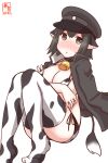  1girl akitsu_maru_(kancolle) alternate_costume animal_ears animal_print artist_logo bell bikini black_hair black_headwear blush breasts clothes_on_shoulders cow_ears cow_girl cow_print cow_tail cowbell dated grey_eyes hat highres jacket jacket_on_shoulders kanon_(kurogane_knights) kantai_collection large_breasts looking_at_viewer neck_bell one-hour_drawing_challenge pale_skin peaked_cap print_bikini print_legwear short_hair side-tie_bikini simple_background solo swimsuit tail thighhighs white_background 