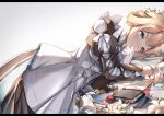  1girl absurdres apron blonde_hair blue_eyes book eyebrows_visible_through_hair flower gloves hair_ornament highres lips long_hair looking_at_viewer lubikaya lying maid maid_apron on_side solo steelblue_mirage warship_girls_r white_background white_gloves 